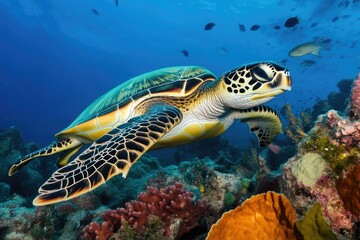 Fototapeta premium Protecting Marine Life: Sea Turtle and Colorful Coral Reef