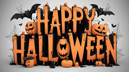 "Happy Halloween" typography with pumpkins and bats