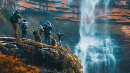 Fototapeta premium group of photographers capturing images of a spectacular waterfall