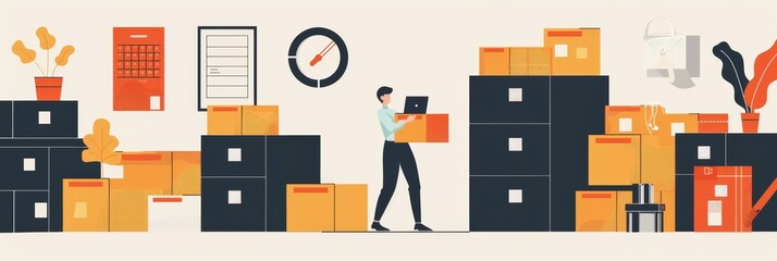 A businessman carrying a box in an office setting, surrounded by boxes and filing cabinets, symbolizing work, organization, moving, storage, and efficiency.