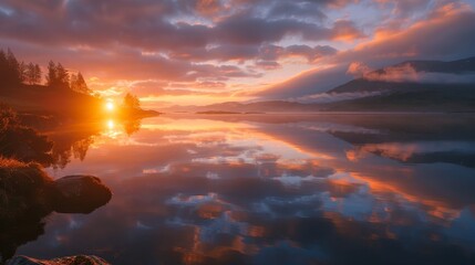 Fototapeta premium A breathtaking sunrise paints the sky with vibrant hues, reflected in the tranquil waters of a still lake, with mountains in the distance. The scene symbolizes peace, tranquility, and the beauty of na