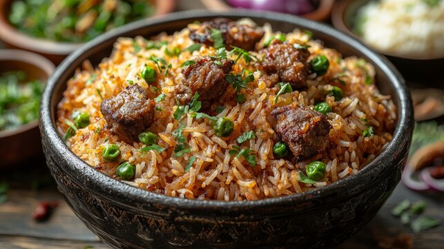 A Delicious mutton biryani with peas