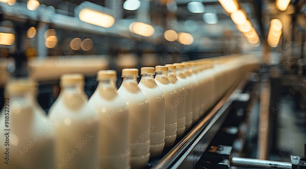 Aufkleber inside the milk factory, the conveyor belt is filled with rows and rows of pudding bottles of milk, 