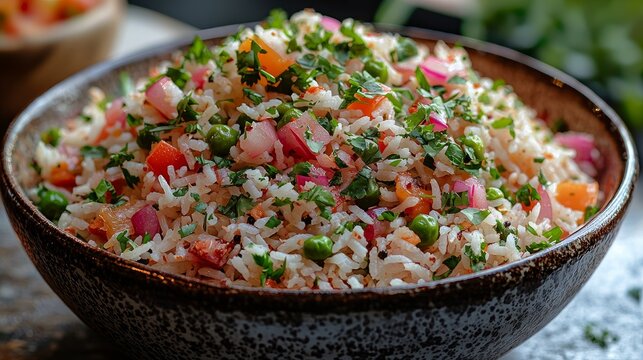 A colorful vegetable pulao with basmati rice on bowl