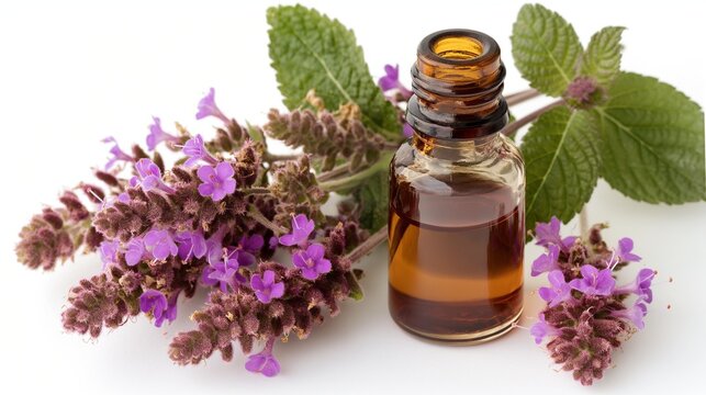 patchouli plant, flowers and oil, isolated on white background