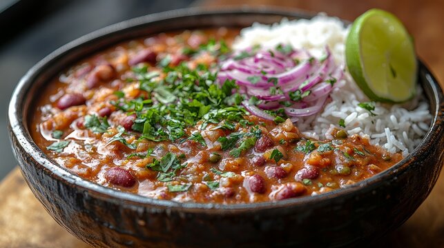 A comforting plate of indian rajma chawawith onions lemon