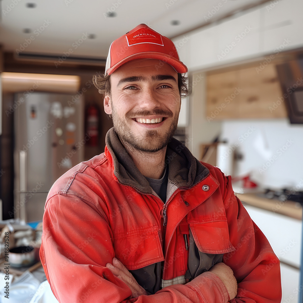 Aufkleber worker with red clothes smiling at camera building a new modern kitchen. generative ai.