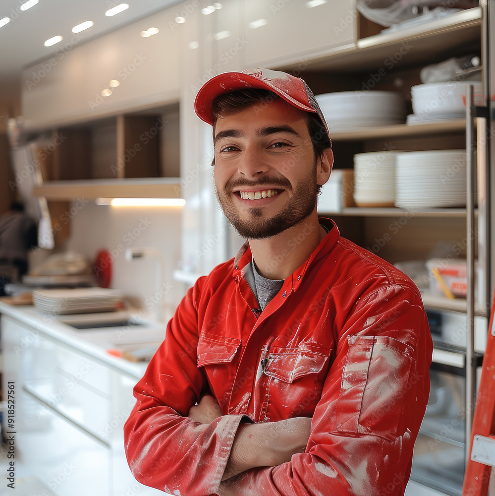 Poster Worker with red clothes smiling at camera building a new modern kitchen. Generative AI.