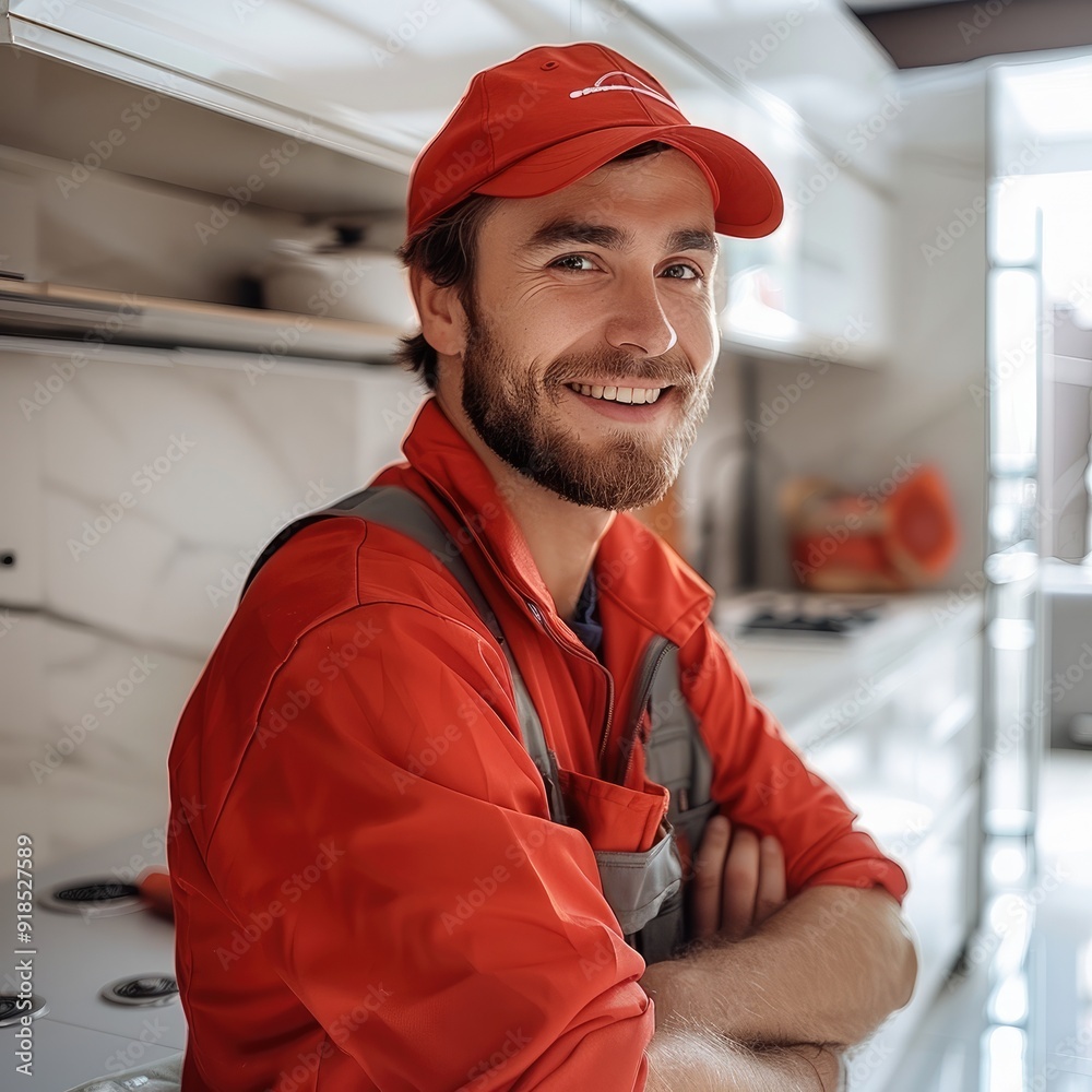 Poster Worker with red clothes smiling at camera building a new modern kitchen. Generative AI.