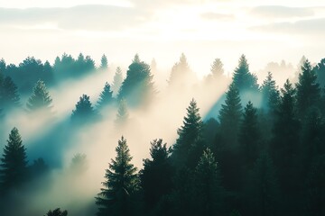 A serene forest landscape illuminated by morning light, with mist weaving through tall pine trees, creating a tranquil atmosphere.