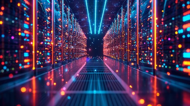 Futuristic data center with neon lights generative ai