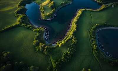 Winding river flowing through lush green fields in summer aerial view