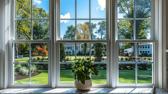 View looking out a kitchen window through a brand-new set of white, double-hung vinyl windows onto a well yard in an upscale neighborhood. Generative AI.