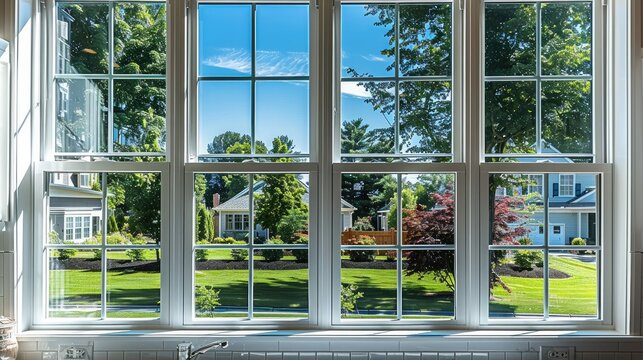 Fototapeta View looking out a kitchen window through a brand-new set of white, double-hung vinyl windows onto a well yard in an upscale neighborhood. Generative AI.