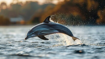 Obraz premium A dolphin leaps from the water with its mouth wide and head lifted high