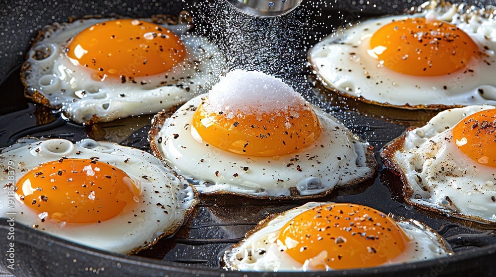 Wall mural   Four eggs cooked in a frying pan, topped with seasoning