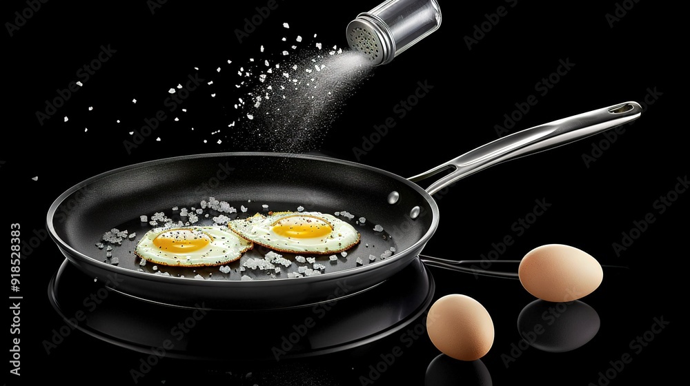 Wall mural   Two eggs sizzling in a frying pan against a black backdrop with a sprinkle of salt and pepper