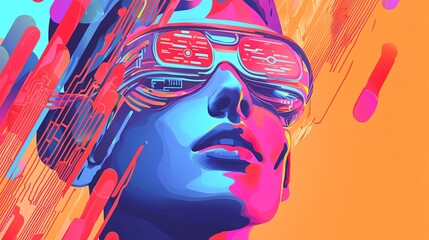 A vibrant digital artwork featuring a futuristic figure wearing stylish glasses. Bold colors and abstract shapes enhance the modern aesthetic.