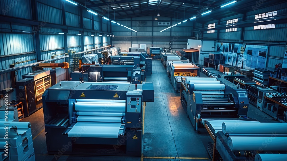 Fototapete a modern small printing company taken from an elevated position. an offset printing machine, a digit