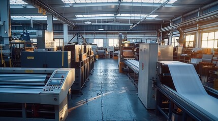 Fototapeta premium A modern small printing company taken from an elevated position. an offset printing machine, a digital printing machine, a large format printing machine, and a finishing machine. Generative AI.