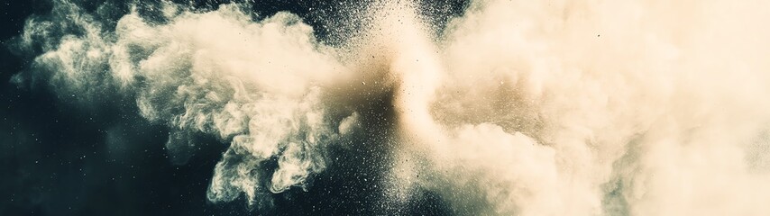 An abstract cloud of dust billows dramatically against a dark background, creating a sense of energy and motion.