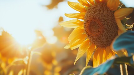 Naklejka premium Close-up of a vibrant sunflower basking in sunlight, showcasing its detailed petals and rich yellow color against a soft background.
