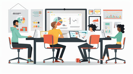 A diverse team of four professionals collaborates around a table, analyzing data on a whiteboard and laptops. The scene signifies teamwork, data analysis, strategy, and progress.
