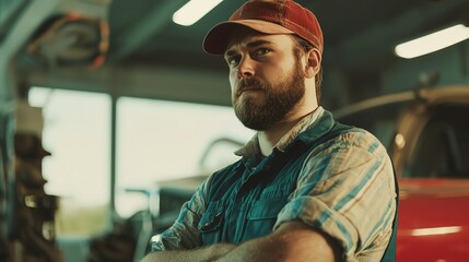 Focused mechanic in workshop, wearing cap and plaid shirt, ready for automotive repairs, showcasing dedication and expertise.