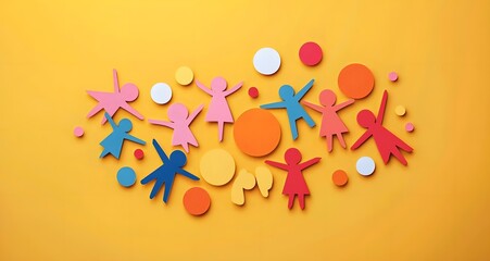 Fototapeta premium Colorful paper cutouts celebrating unity and joy on a bright yellow background.