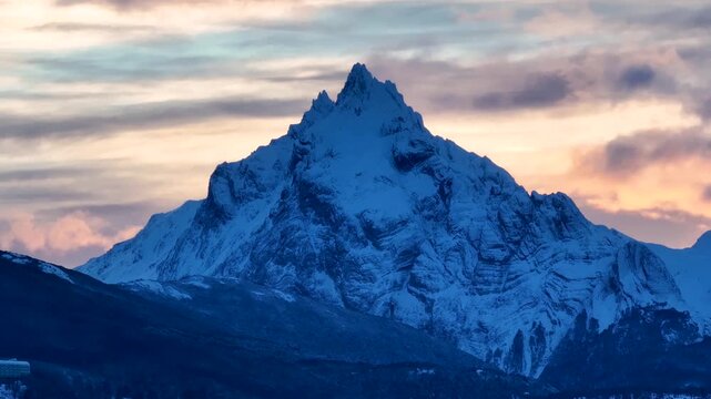 Mount Olivia At Ushuaia Tierra Del Fuego Argentina. Breathtaking Aerial View Of Time Lapse Drone Footage. Snowing Day Lake Expedition Snow Capped. Forest Trees Expedition Nature.