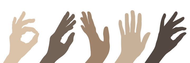 Hand gestures. Female palm with elegant gesture, human hands showing, presenting and pointing flat vector illustration set.