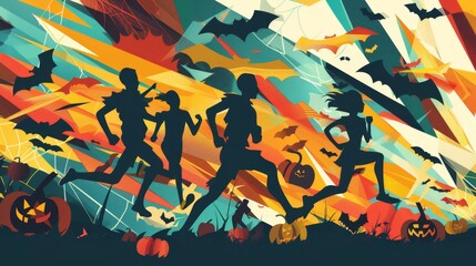 A dynamic illustration showcasing four runners against a vibrant backdrop of Halloween imagery, symbolizing fitness, community, festivity, and the thrill of the season.