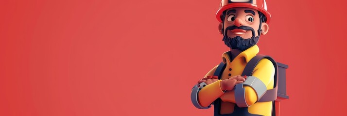 A friendly cartoon construction worker with a beard, wearing a hard hat and yellow and blue overalls, stands with his arms crossed against a red background. The image symbolizes hard work, dedication,