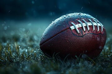A close-up of a wet football resting on grass, capturing the essence of a rainy game day.