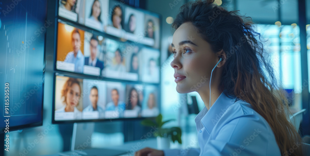 Poster Global corporation online videoconference in meeting room with diverse people sitting in modern office and multicultural multiethnic colleagues on big screen monitor. Business technologies concept.