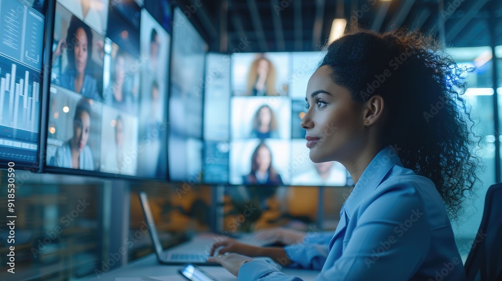 Poster global corporation online videoconference in meeting room with diverse people sitting in modern offi