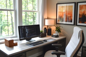 Modern workspace with a sleek desk, a computer, and natural light.