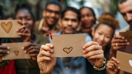 A group of diverse individuals hold cards with heart shapes, symbolizing unity, compassion, love, connection, and community.