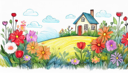 Fototapeta premium Colorful childish pencil drawing of house in field of flowers. Hand drawn landscape.