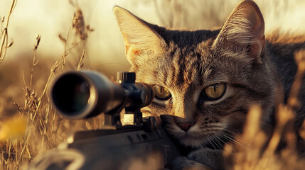 Cat aiming through rifle scope