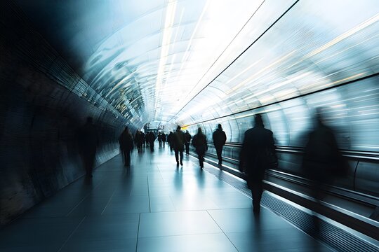 Blurred silhouette of commuters in a modern, futuristic tunnel.