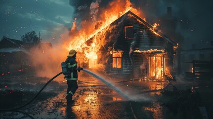 A lone firefighter stands bravely against a raging house fire, spraying water from his hose as the flames engulf the structure. This dramatic image symbolizes courage, resilience, and the dangers face