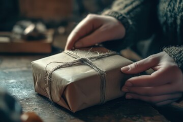 Obraz premium Close-up of hands wrapping a gift with rustic string and brown paper