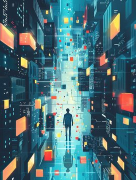 A lone figure walks through a futuristic city, surrounded by glowing squares representing data and information, symbolizing the vastness of the digital world, the interconnectedness of information, th