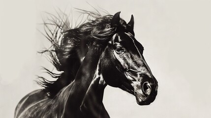 Fototapeta premium A black-and-white picture depicts a galloping horse with its mane billowing in the breeze against a dark background