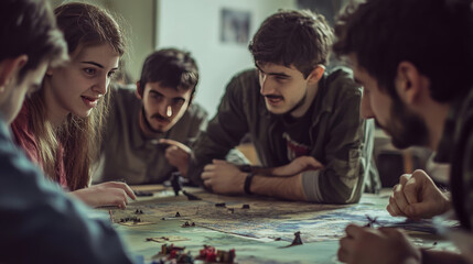 Fototapeta premium Group of friends intensely focused on a strategy board game. Board game and entertainment