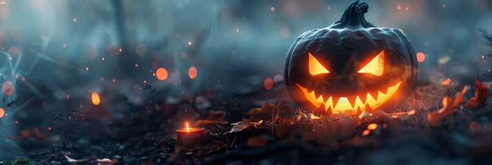 Naklejka premium A menacing jack-o'-lantern with glowing eyes and a wide grin sits in a dark forest, surrounded by glowing embers and smoke, symbolizing Halloween, darkness, fright, the supernatural, and fall.