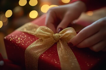 Close-up of hands tying a gold ribbon on a Christmas gift with festive lights