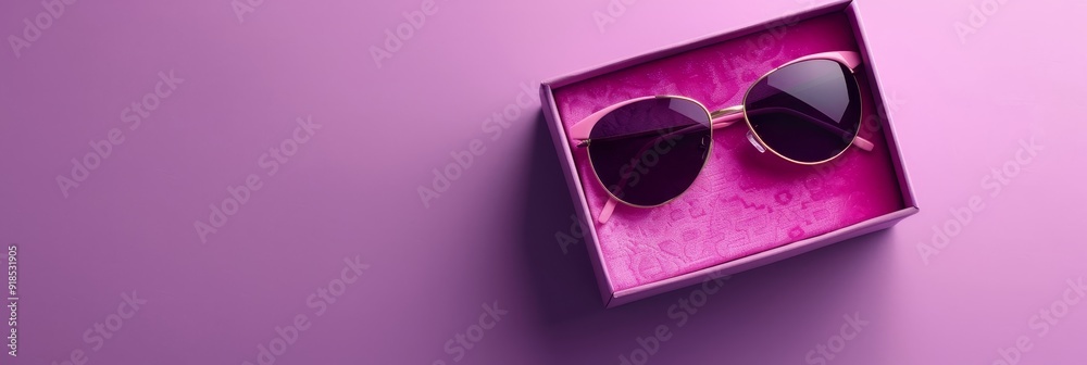 Wall mural A pair of pink sunglasses in a pink gift box, resting on a purple background. The sunglasses are closed, showcasing their dark lenses and gold accents, symbolizing style, fashion, gifting, luxury, and