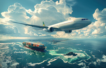 Fototapeta premium Air freight with green livery, sea cargo ship in green color in a seascape, an airplane flying above. Generative AI.